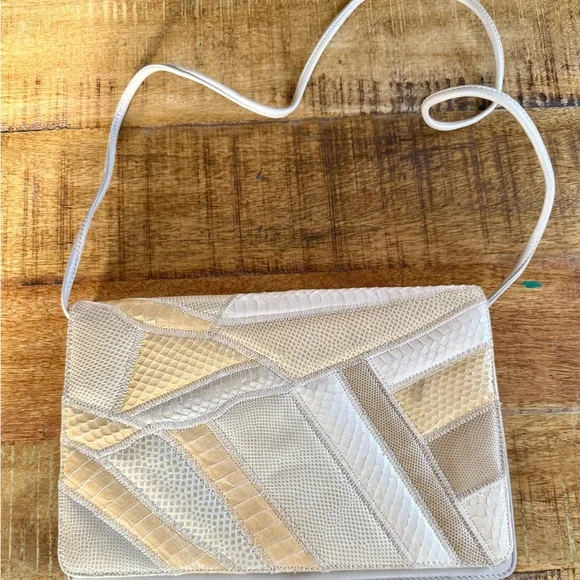 🐍 Vintage Varon Snakeskin Leather Beige and yellow Patchwork Women's Bag - Picture 2 of 14
